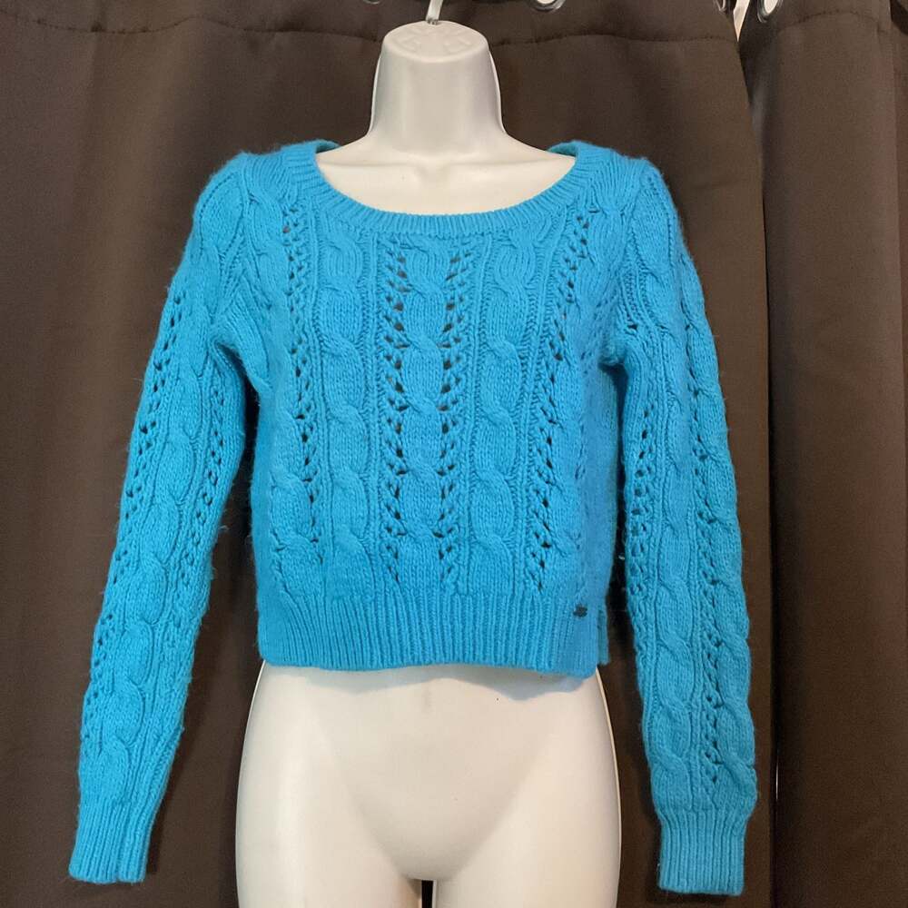 Hollister Turquoise Blue Cable Knit Crop Sweater, Size S, Pointelle Detailing
